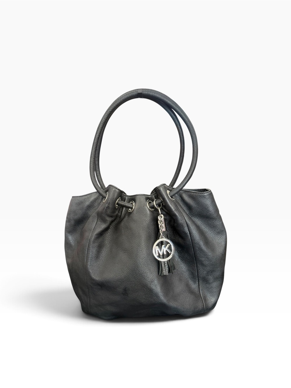 Michael Kors Black Leather Drawstring Shoulder Bag with MK Charm